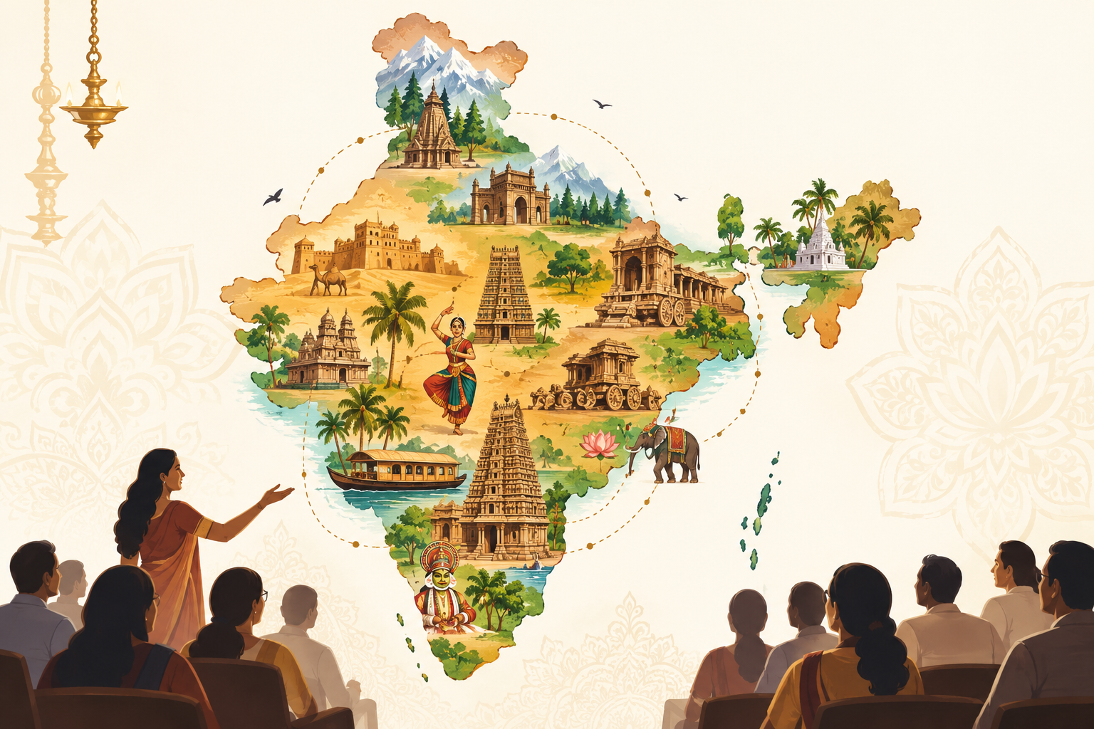 Illustrated map of India featuring heritage landmarks and cultural traditions, for customised cultural sessions