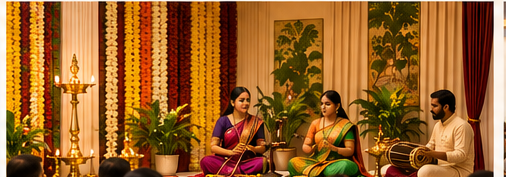 A family cultural gathering with a small group performing on stage
