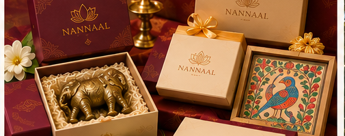Elegant Nannaal heritage gift boxes displaying a brass elephant and Madhubani artwork