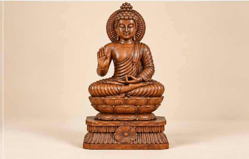 Carved Buddha figure seated on a detailed lotus pedestal