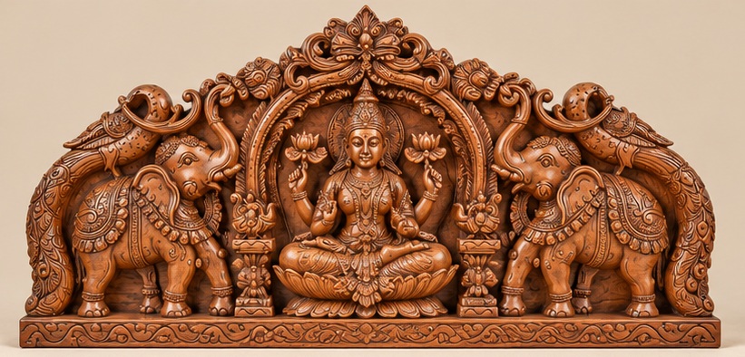 Intricately carved Gajalakshmi wooden panel