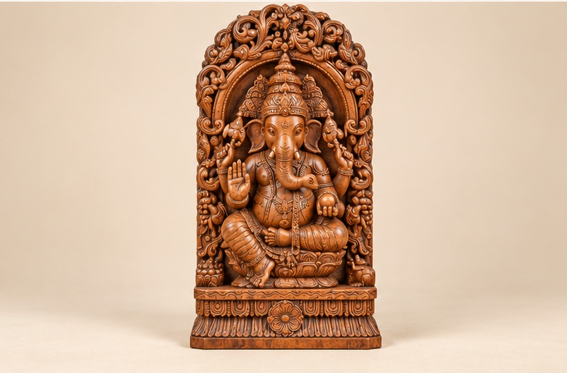 Standalone carved Ganesha with an ornate traditional frame